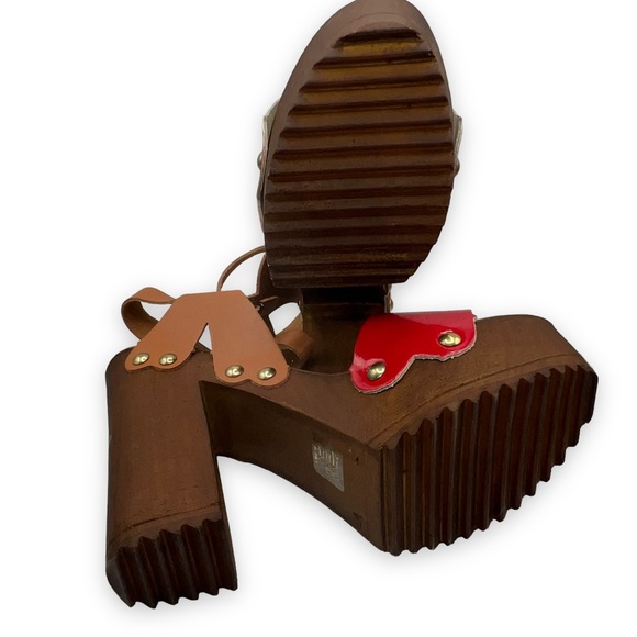 NEW Primadonna Collection Red/Brown Leather Wooden Clog Platforms Women Size 40 - Picture 2 of 9